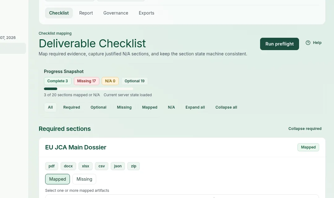 Deliverable checklist showing EU JCA sections with mapped and missing status badges and progress snapshot.