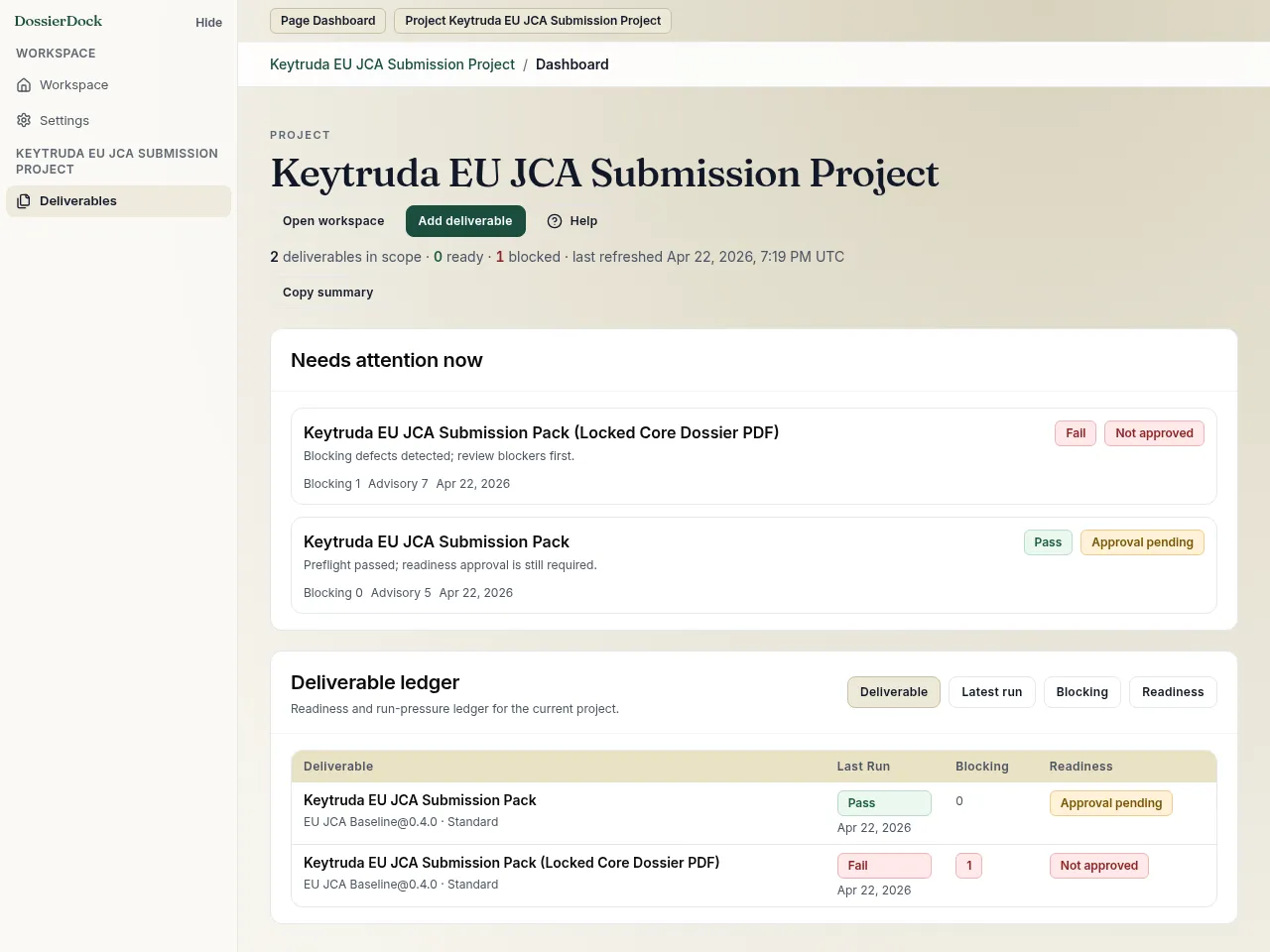 Project dashboard showing deliverable pressure, readiness, and latest export context.