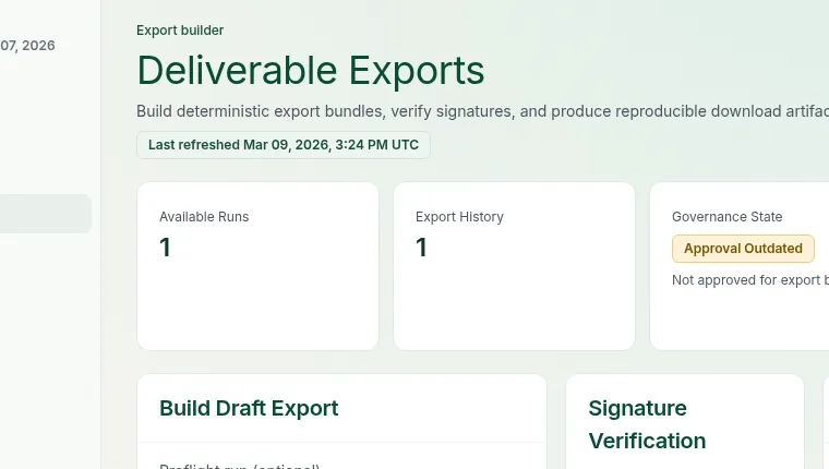 Export builder showing governance gate enforcement, with export blocked until approval is recorded.