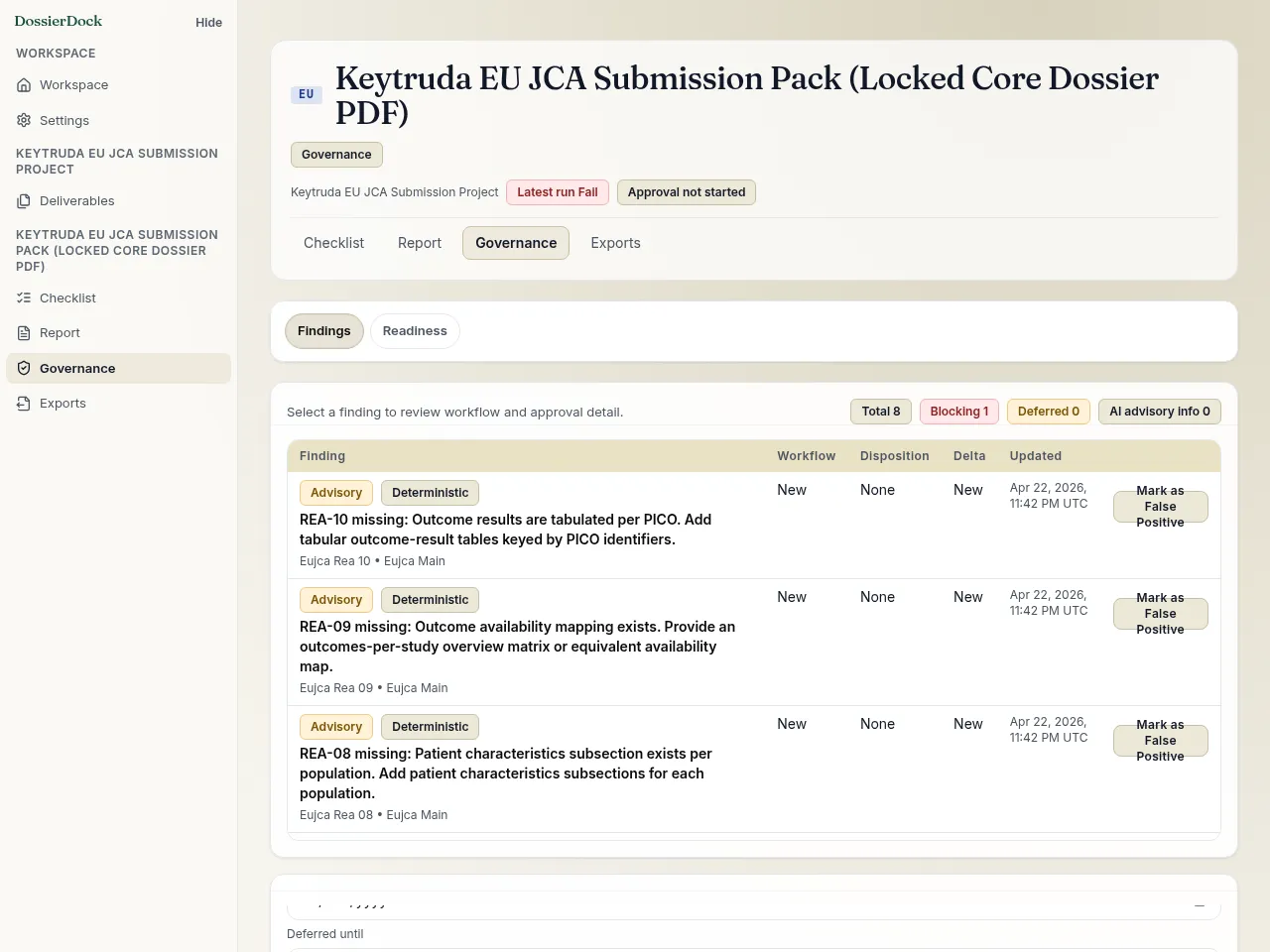 Governance workbench showing readiness, findings, and approval controls.