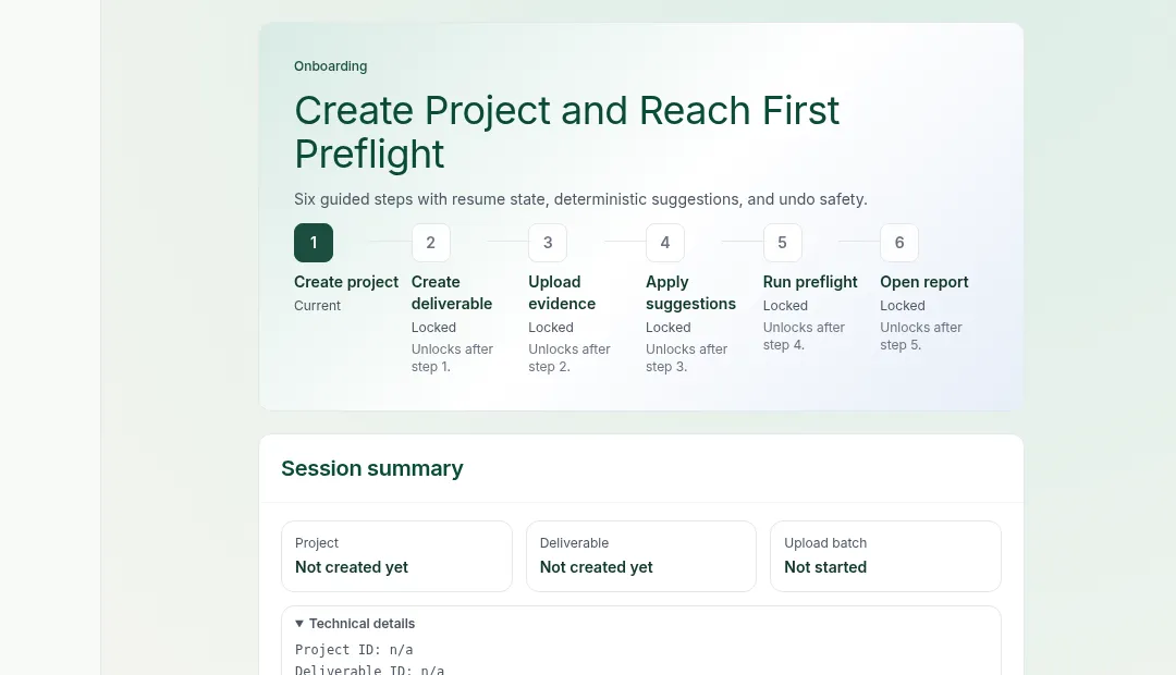 DossierDock onboarding wizard showing six guided steps from project creation to first preflight run.