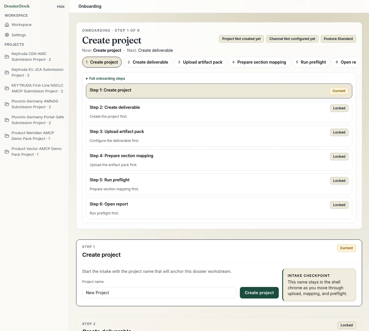 Onboarding wizard showing the guided setup flow from project creation to first upload.