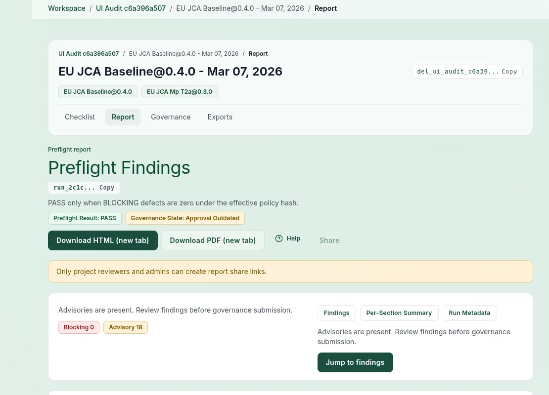 Preflight findings report showing Blocking 0 and Advisory 18 defects with per-section summary.